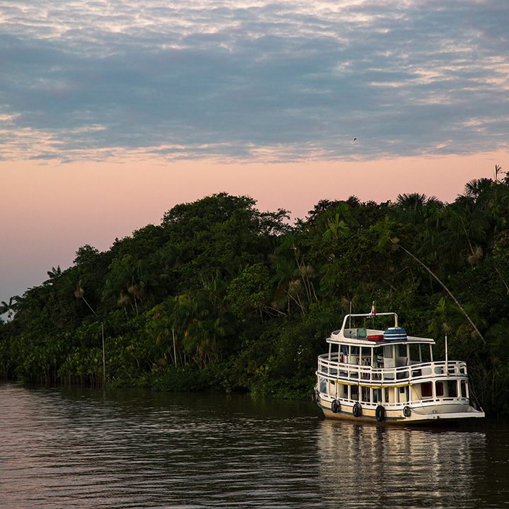 Image of a boat navigating on the banks of a river in Rondônia